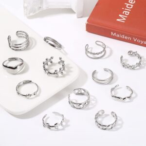 Subiceto 12Pcs Stainless Steel Rings for Women Silver Aesthetic Jewelry Rings Adjustable Open Stackable Rings Trendy Knuckle Thumb Finger Rings Size 6-9 Indie Rings Star