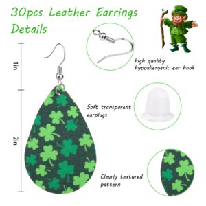 30 Pairs Valentines Day Earrings St Patricks Day Easter Faux Leather Earrings Set for Women Multipack Teardrop Drop Leather Earrings Heart Gnome Clover Green Hat Cute Egg Bunny Dangle Holiday