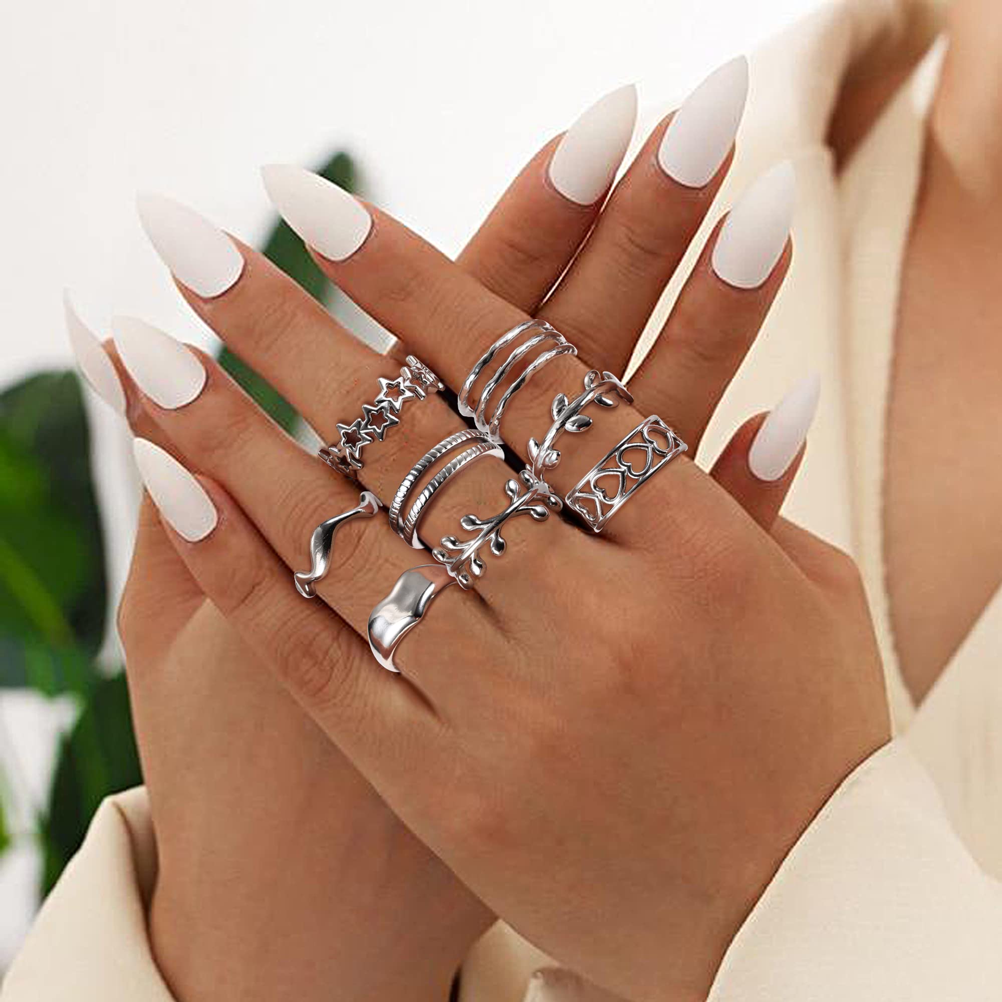 Subiceto 12Pcs Stainless Steel Rings for Women Silver Aesthetic Jewelry Rings Adjustable Open Stackable Rings Trendy Knuckle Thumb Finger Rings Size 6-9 Indie Rings Star