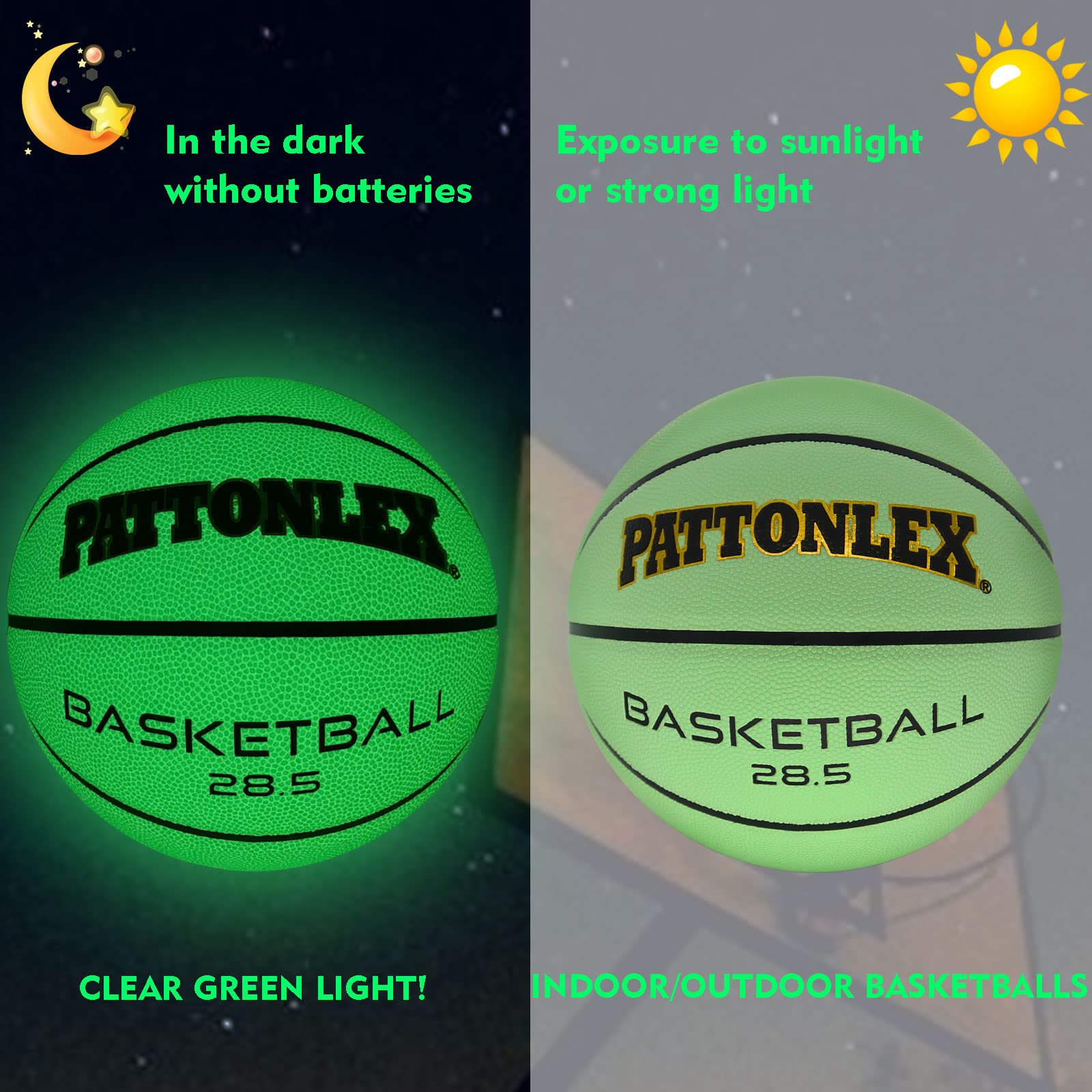 PATTONLEX Glow in The Dark Basketball Size 6 Womens Girls Composite Leather Basketball 28.5 for Indoor Outdoor Night Basketball Light Up Green