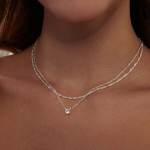 Zeffy Silver Necklace for Women Dainty Silver Layered Necklaces Silver Plated Diamond Necklaces Simple CZ Solitaire Pendant Necklace Cute Silver Chain Choker Necklaces for Women Trendy