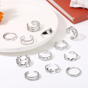 Subiceto 12Pcs Stainless Steel Rings for Women Silver Aesthetic Jewelry Rings Adjustable Open Stackable Rings Trendy Knuckle Thumb Finger Rings Size 6-9 Indie Rings Star