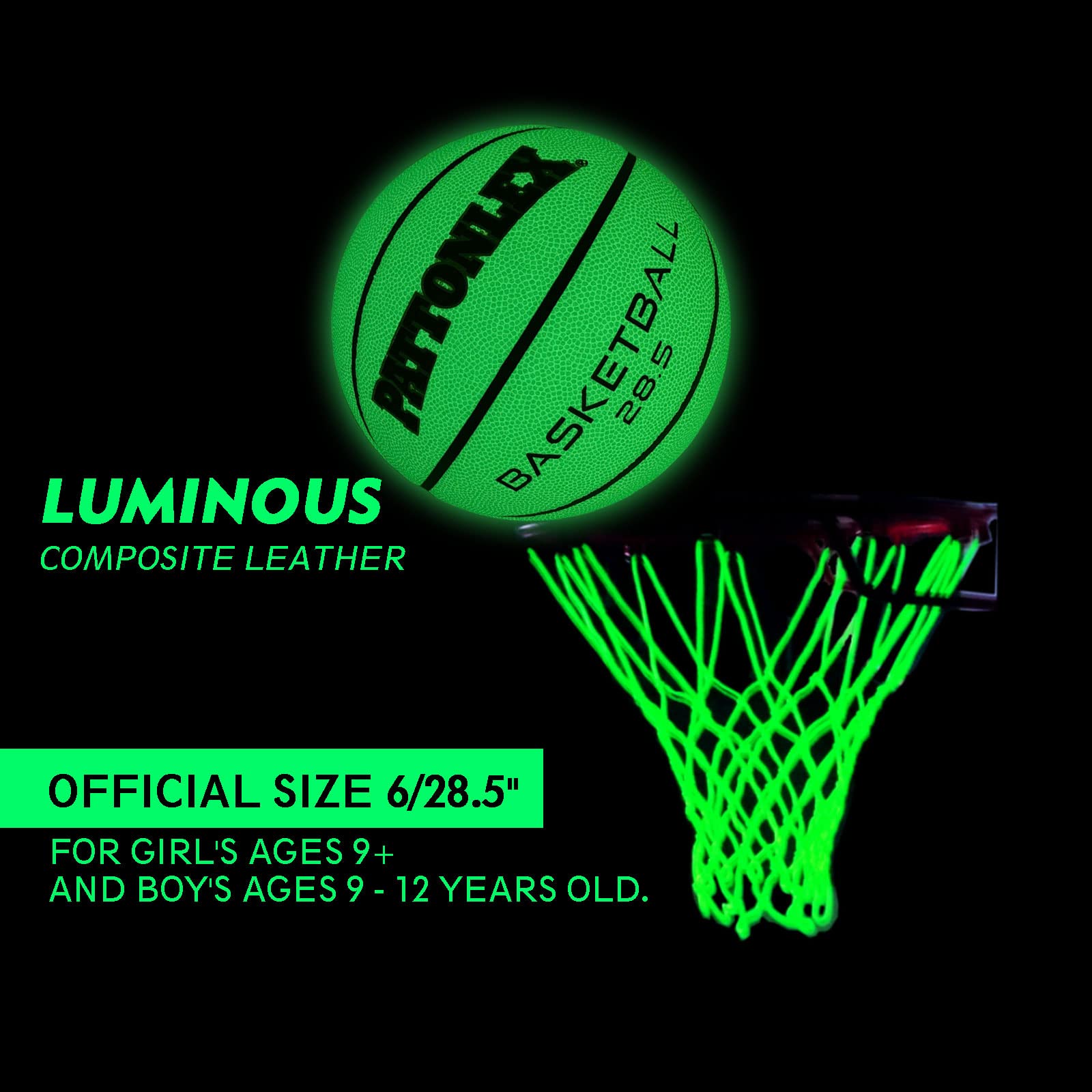 PATTONLEX Glow in The Dark Basketball Size 6 Womens Girls Composite Leather Basketball 28.5 for Indoor Outdoor Night Basketball Light Up Green