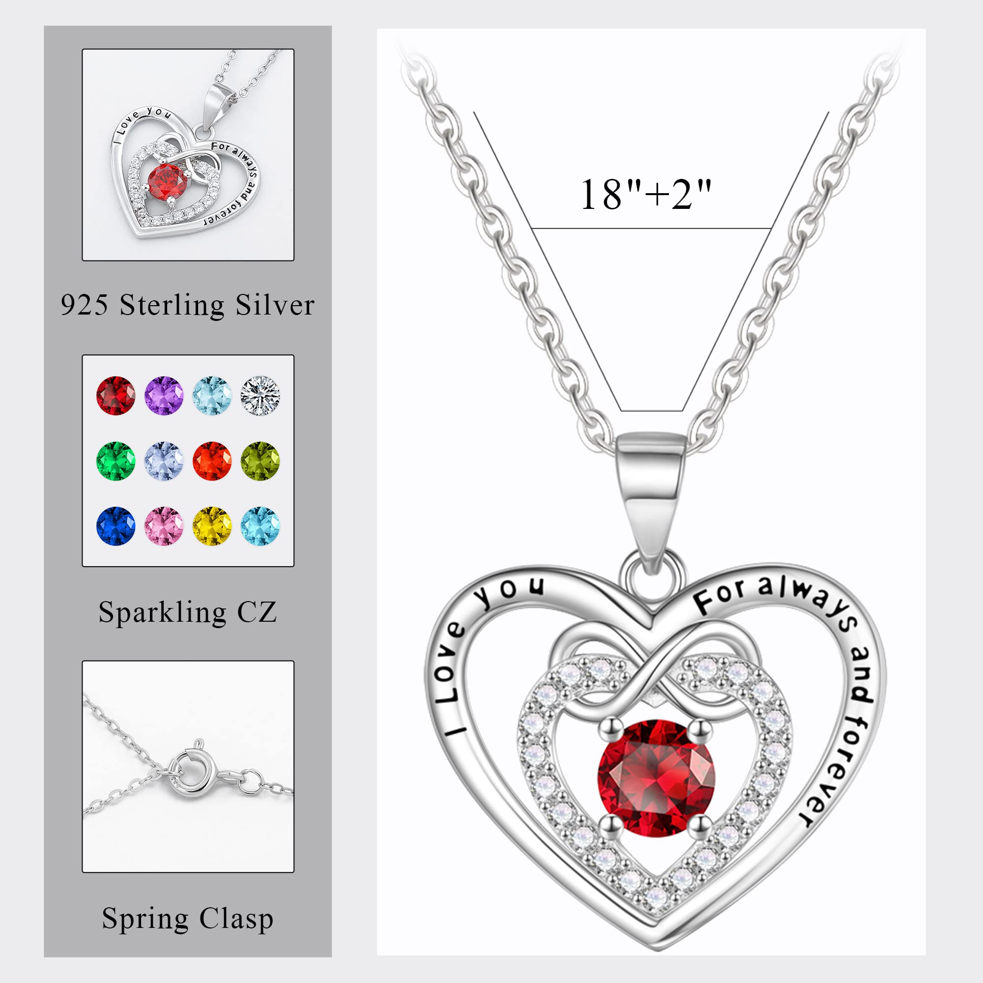 Heart Birthstone Necklace for Women, 925 Sterling Silver Necklace Heart Necklaces for Women Infinity Necklace January Birthstone Necklace for Women Silver Heart Necklace Birthstone Jewelry for Women