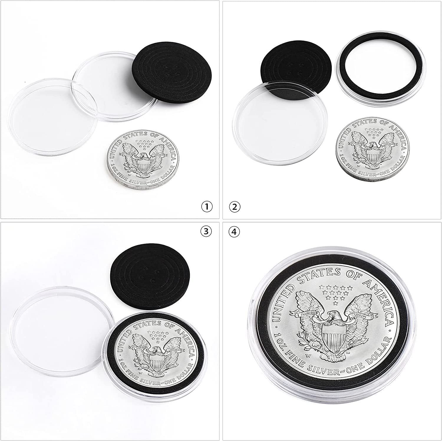 SPLF 100pcs Clear Plastic Coin Capsules, Coin Holder for Collectors, Coin Collection Case with Adjustable Gasket (20/25/30/35/40.6/46mm) for Silver Eagle Liberty Coin & JFK Half Dollar & Bitcoin More