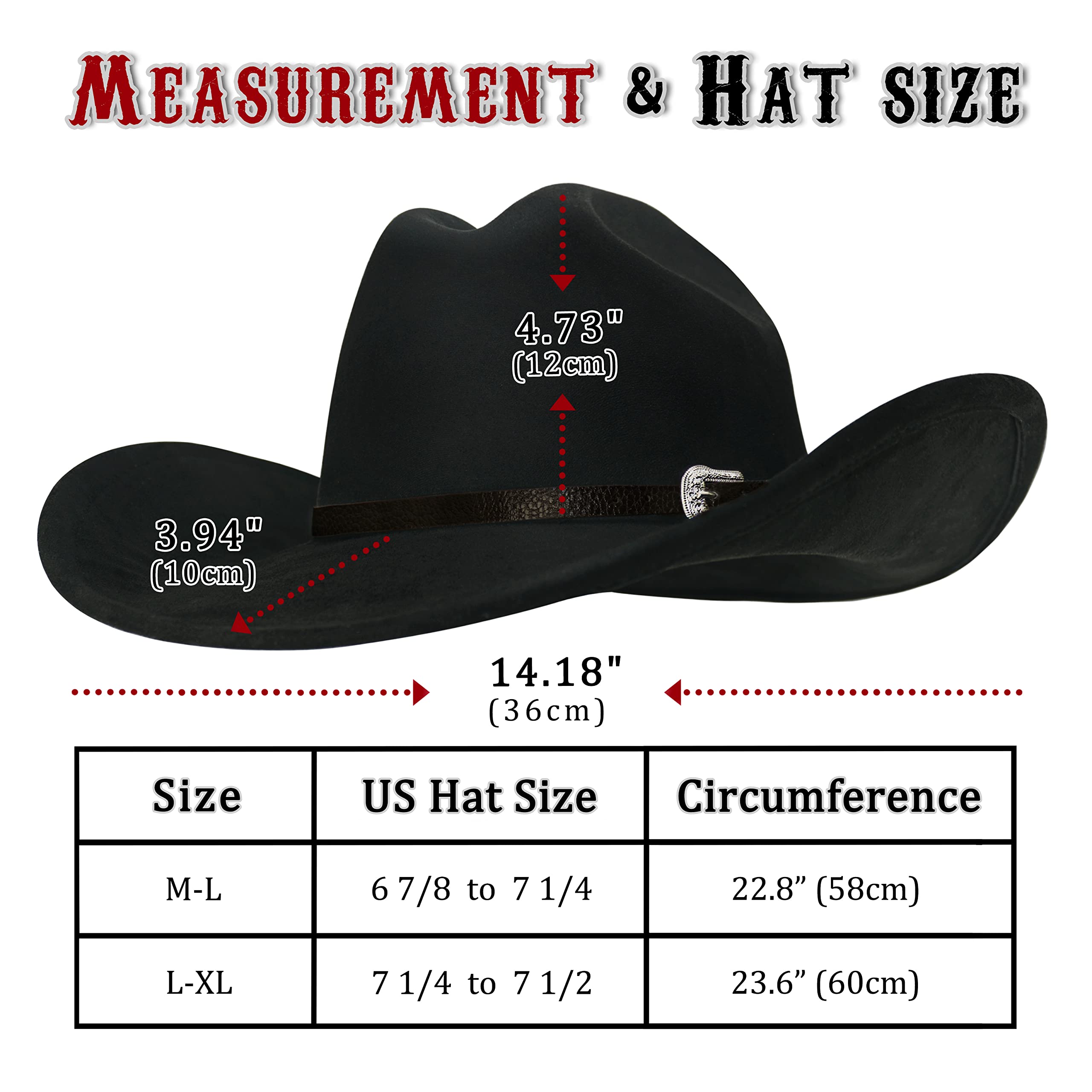 FLUFFY SENSE. Cowboy Hat for Women and Men with Shapeable Wide Brim - Felt Cowboy Hat Cattleman Western Hats for Cowboys and Cowgirls (as1, Alpha, m, l, Raven Black)