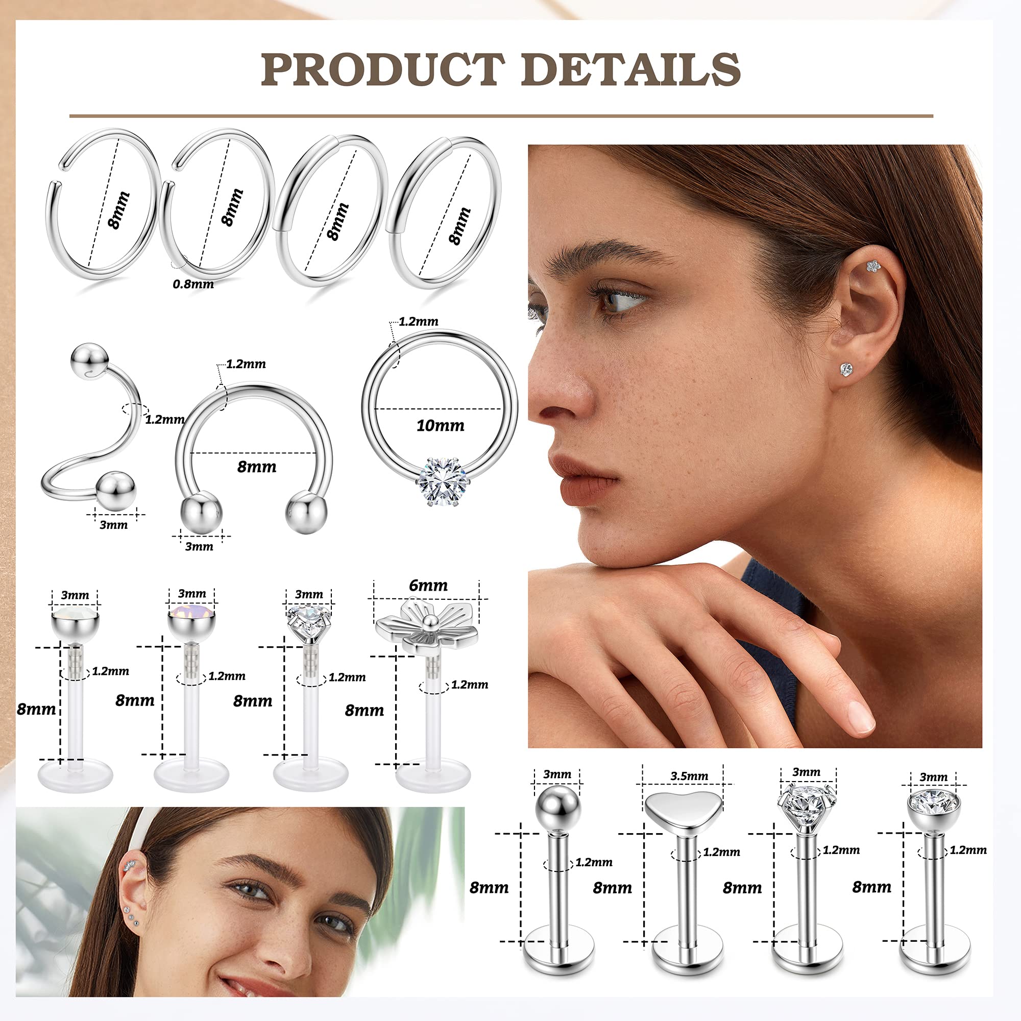 JeryWe 27Pcs 16G Cartilage Earrings Stud Hoop for Women Men Stainless Steel Helix Piercing Tragus Earrings Forward Conch Piercing Jewelry