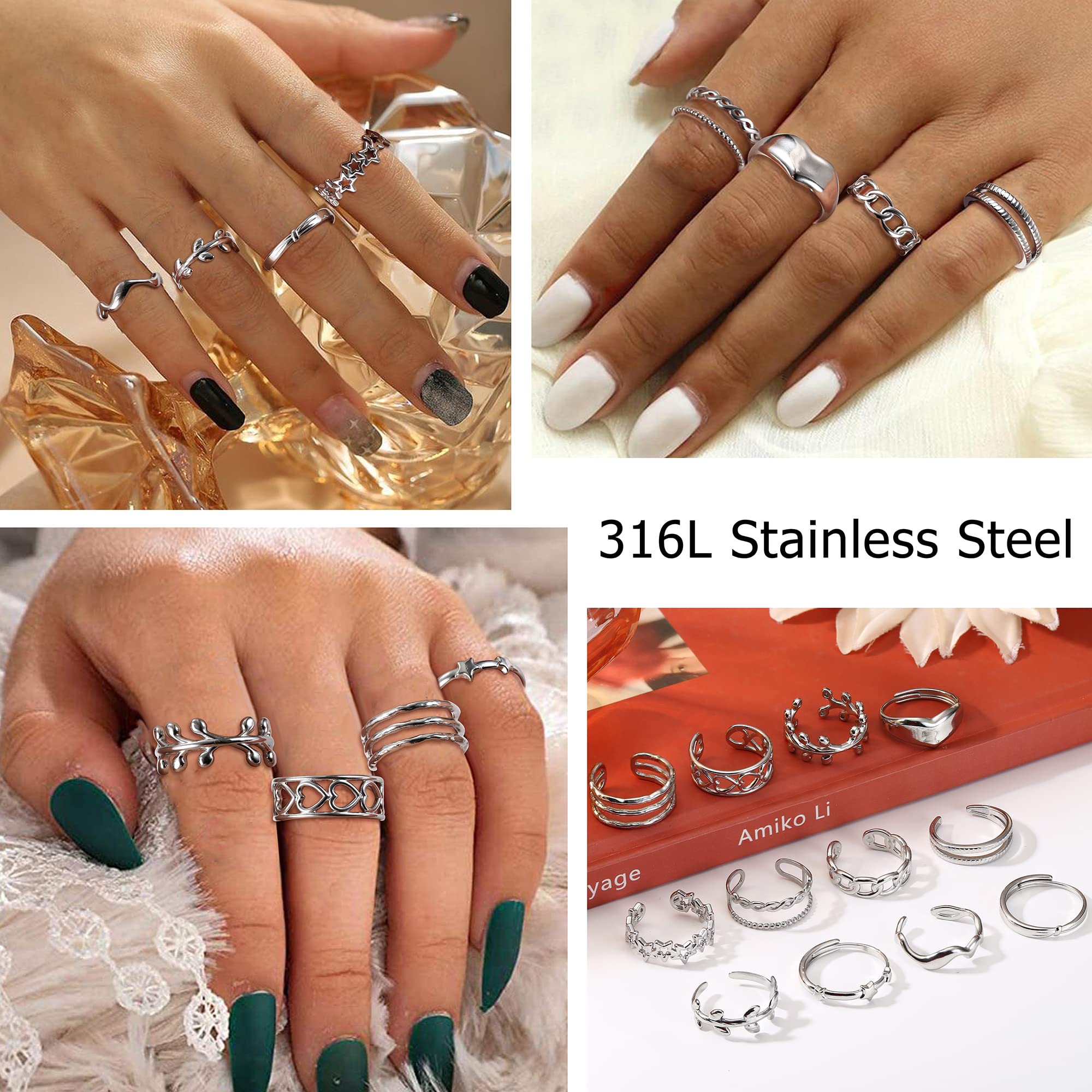 Subiceto 12Pcs Stainless Steel Rings for Women Silver Aesthetic Jewelry Rings Adjustable Open Stackable Rings Trendy Knuckle Thumb Finger Rings Size 6-9 Indie Rings Star