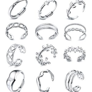 Subiceto 12Pcs Stainless Steel Rings for Women Silver Aesthetic Jewelry Rings Adjustable Open Stackable Rings Trendy Knuckle Thumb Finger Rings Size 6-9 Indie Rings Star