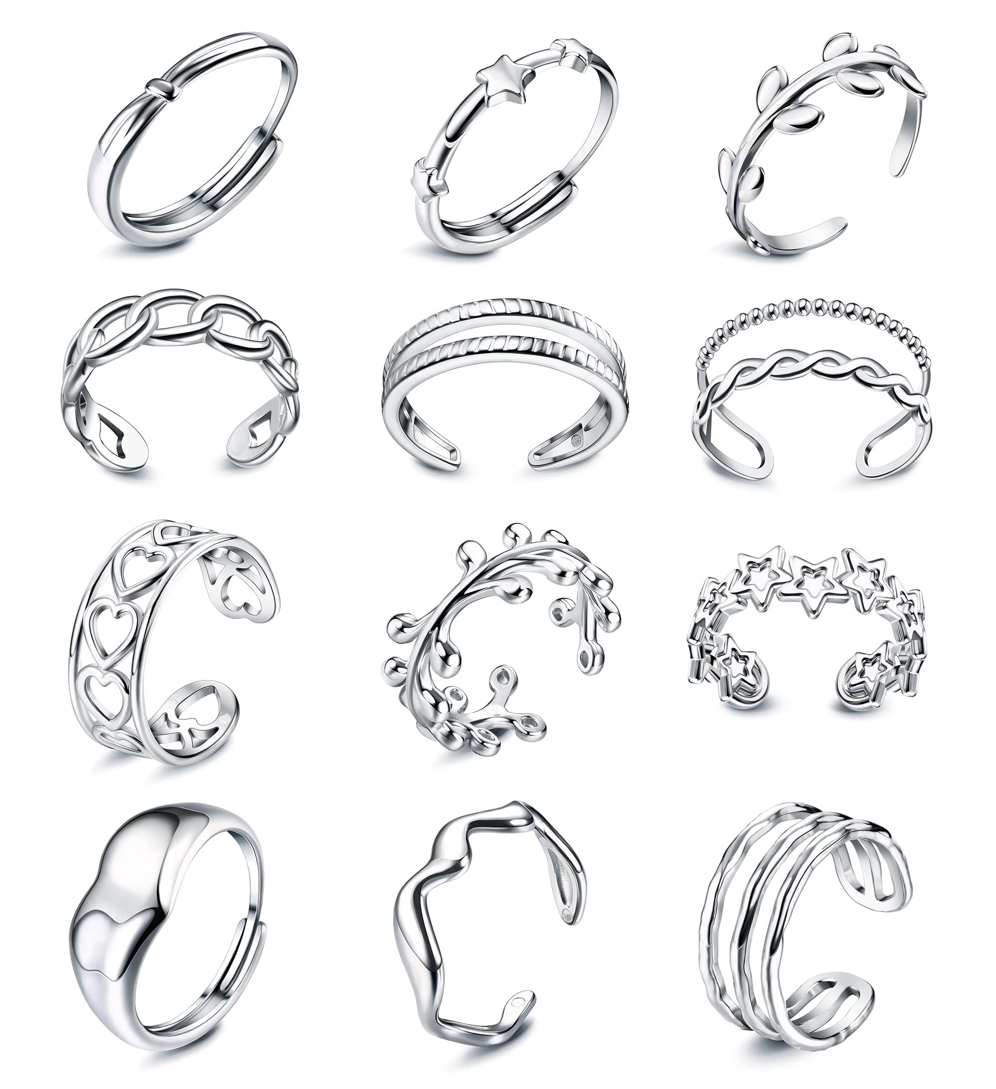 Subiceto 12Pcs Stainless Steel Rings for Women Silver Aesthetic Jewelry Rings Adjustable Open Stackable Rings Trendy Knuckle Thumb Finger Rings Size 6-9 Indie Rings Star