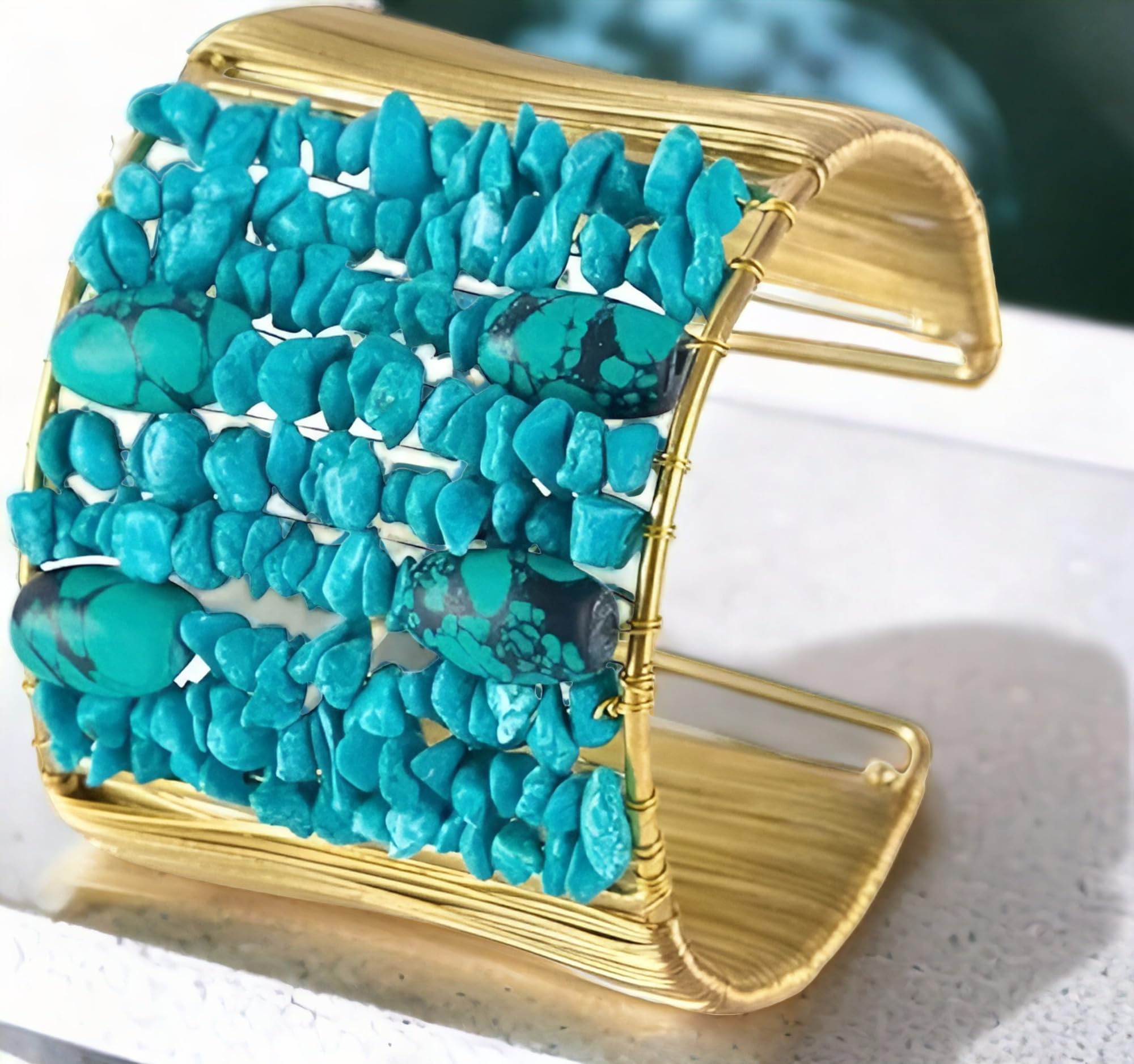 BiiU Elegant bracelet/Hand Cuff jewellery made up of golden metal and semi precious stones, MediumTurquoise