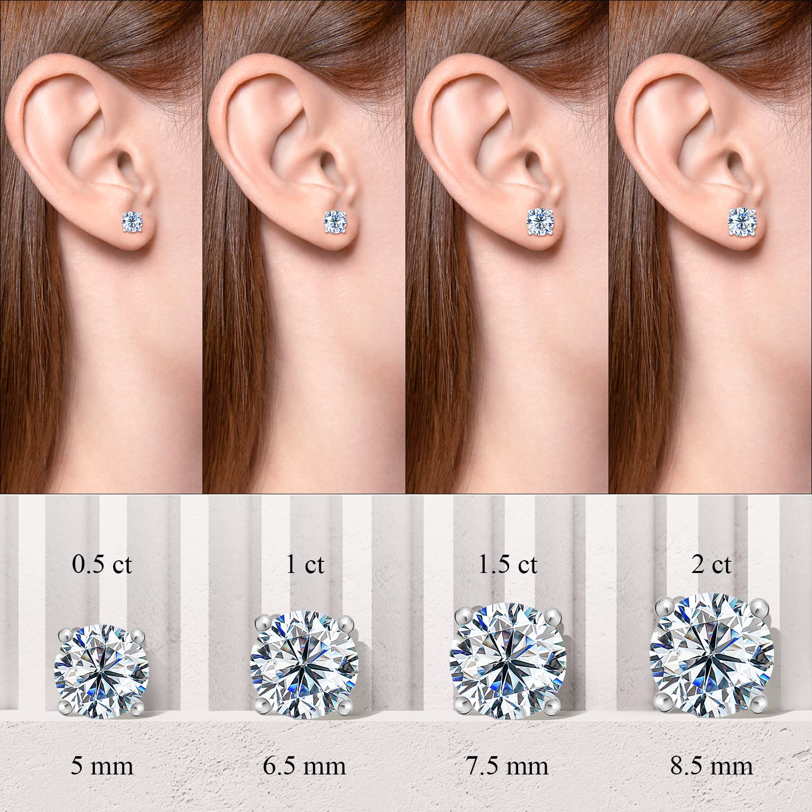 SAMIOVJ Moissanite Stud Earrings for Women, 0.5ct-2ct D Color Round Cut Lab Created Diamond Earring 18K White Yellow Rose Gold Plated 925 Sterling Silver Moissanite Earrings for Women