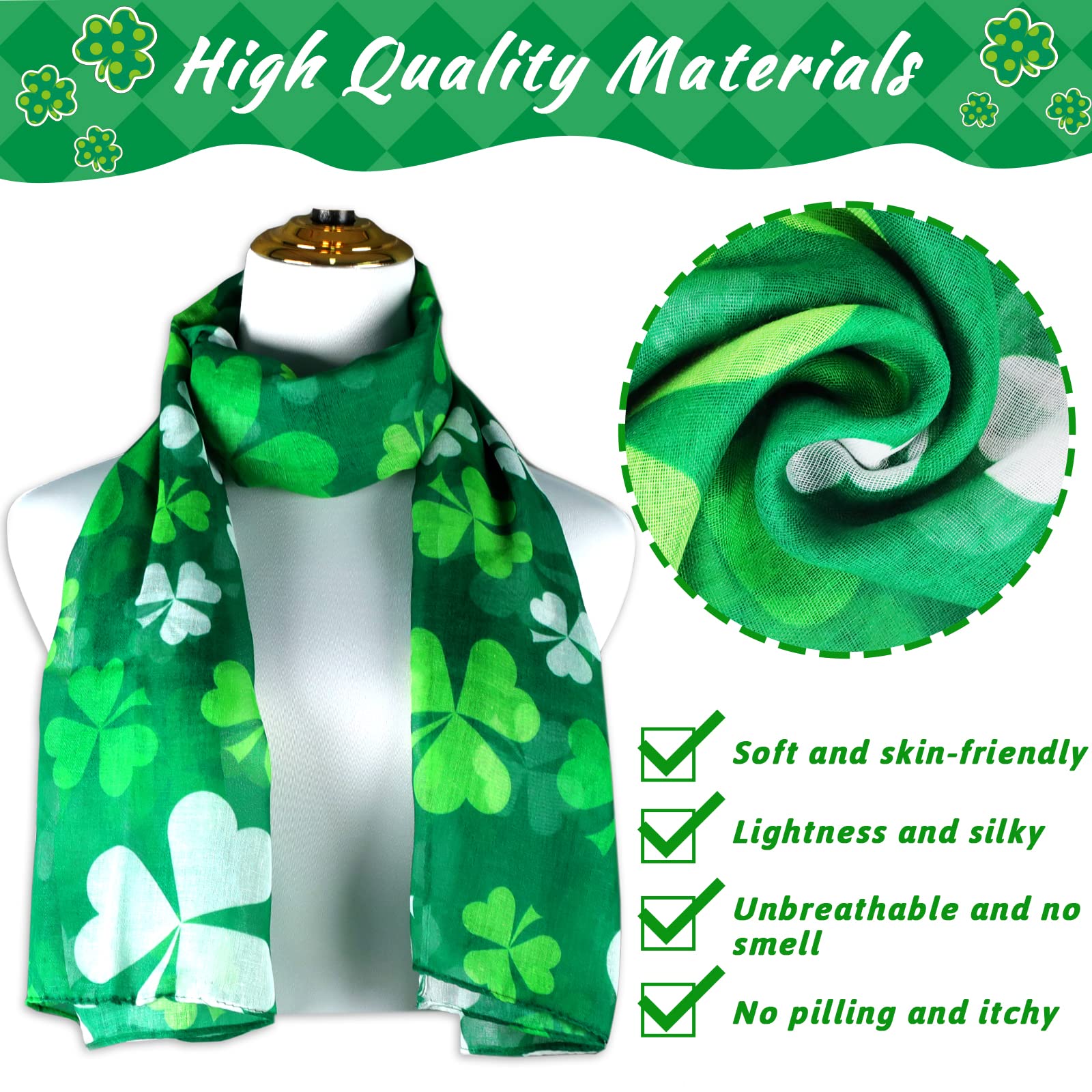 3 Pcs Women's St. Patrick's Day Scarf Long Green Shamrock Scarf Lightweight Irish Clover Silky Scarf Women Sheer Wrap Shawls Holiday Outfits Costume Accessories for Parade Party Supplies Favors