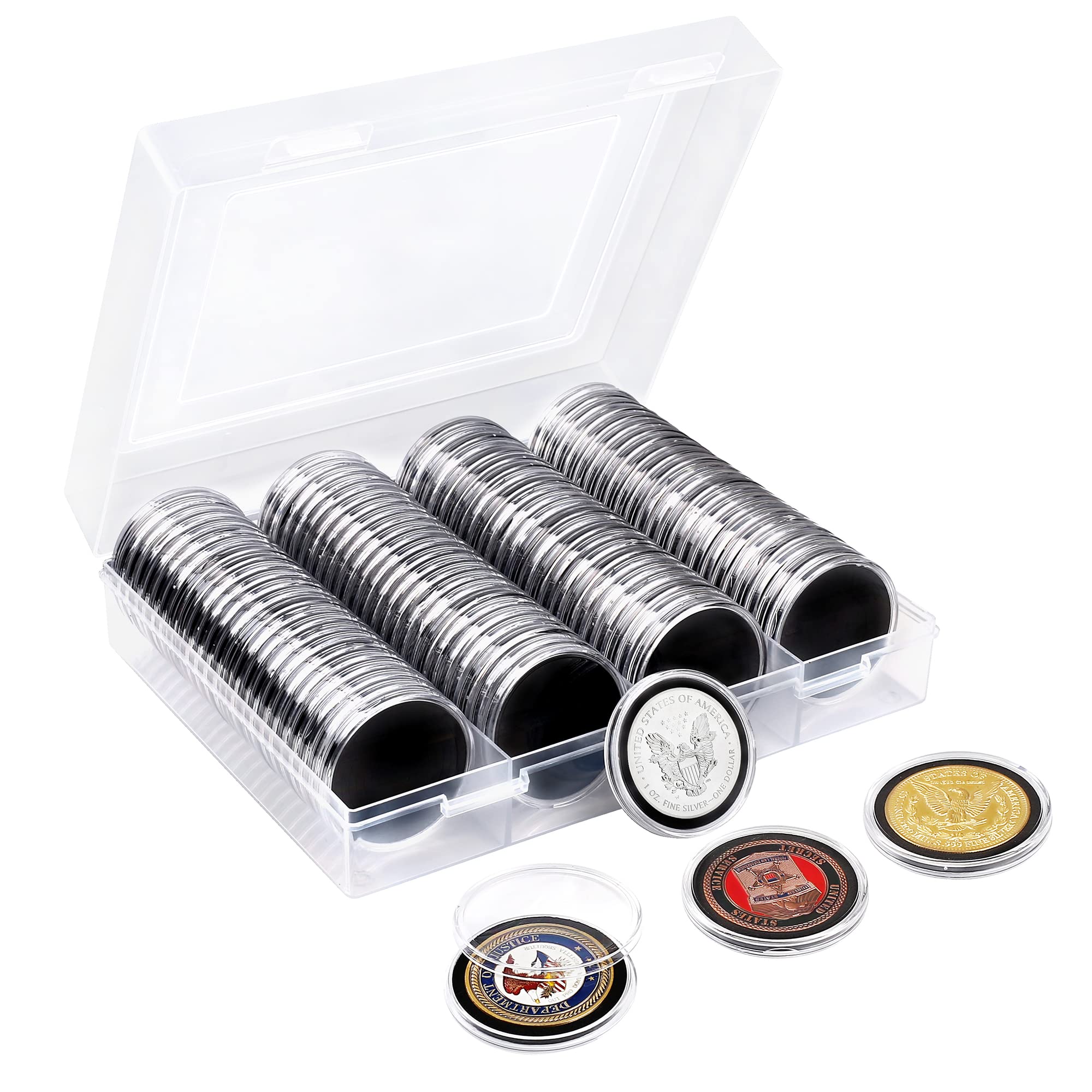 SPLF 100pcs Clear Plastic Coin Capsules, Coin Holder for Collectors, Coin Collection Case with Adjustable Gasket (20/25/30/35/40.6/46mm) for Silver Eagle Liberty Coin & JFK Half Dollar & Bitcoin More