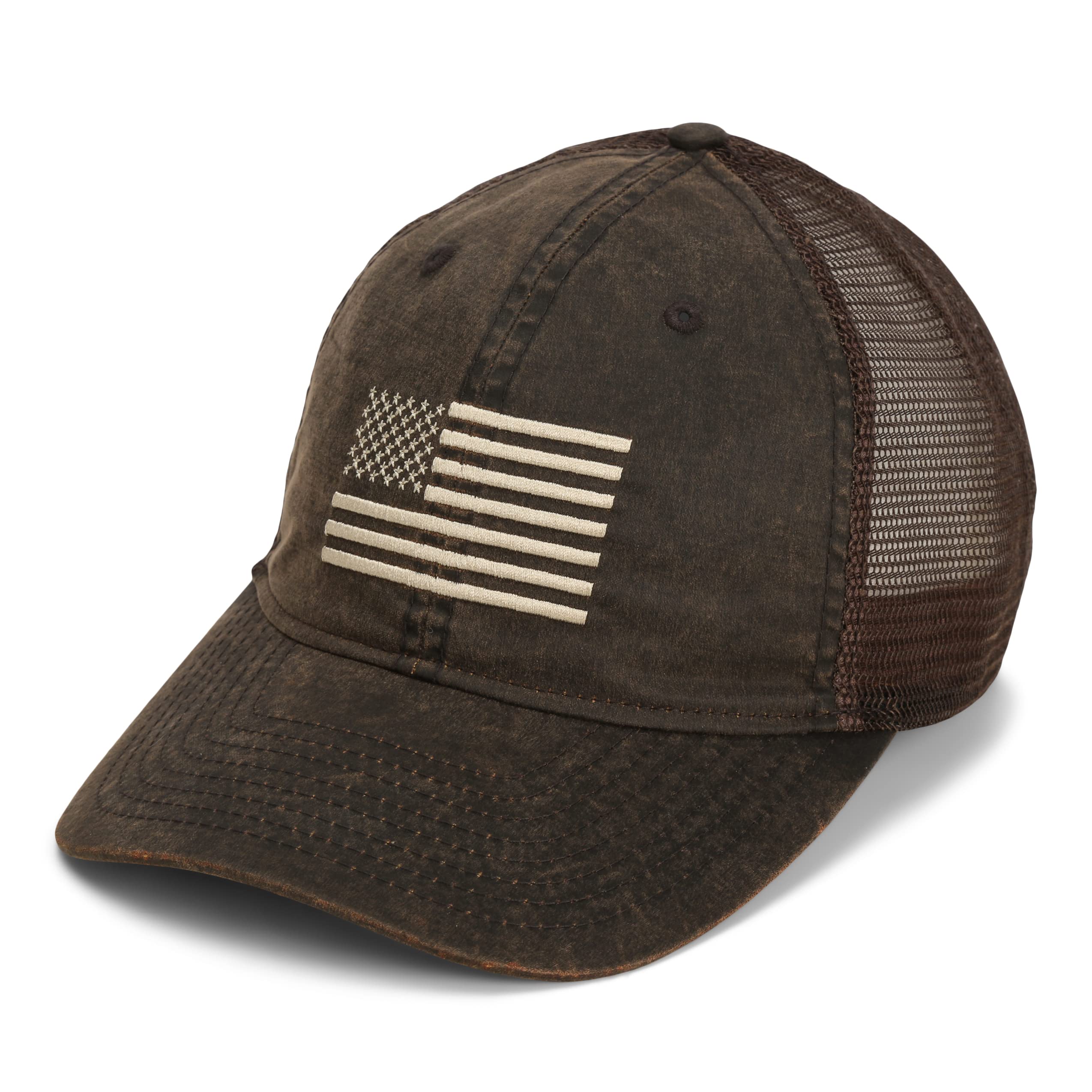 Paramount Outdoors Waxed Cloth American Flag Hat Mesh Back Brown American Flag Baseball Cap Snapback (Brown Wax Cloth)