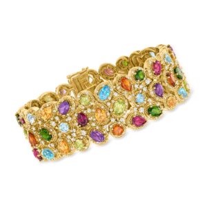 ross-simons 25.10 ct. t.w. multi-gemstone 3-row bracelet in 18kt gold over sterling. 7 inches