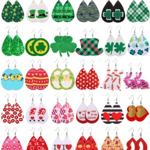 30 Pairs Valentines Day Earrings St Patricks Day Easter Faux Leather Earrings Set for Women Multipack Teardrop Drop Leather Earrings Heart Gnome Clover Green Hat Cute Egg Bunny Dangle Holiday