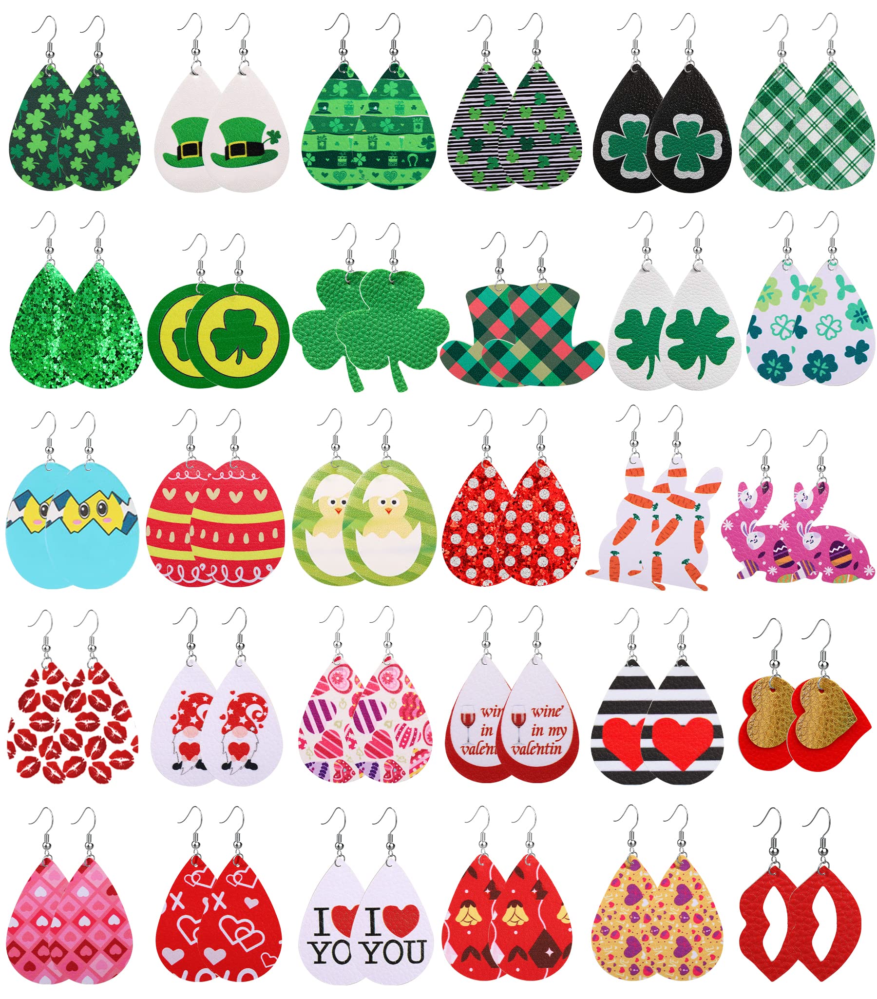 30 Pairs Valentines Day Earrings St Patricks Day Easter Faux Leather Earrings Set for Women Multipack Teardrop Drop Leather Earrings Heart Gnome Clover Green Hat Cute Egg Bunny Dangle Holiday