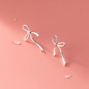 Reffeer Solid 925 Sterling Silver Bow Stud Earrings for Women Teen Girls Bowknot Stud Earrings Drops (A-Silver)