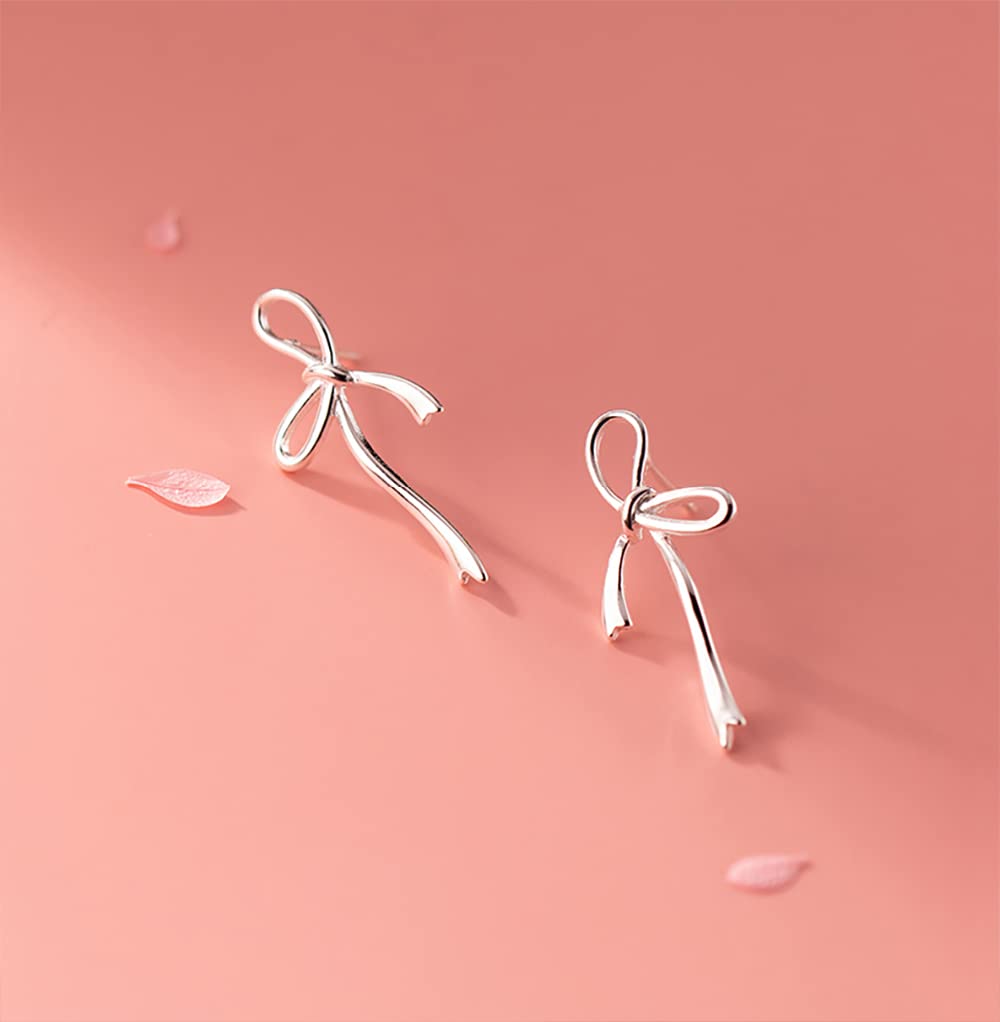 Reffeer Solid 925 Sterling Silver Bow Stud Earrings for Women Teen Girls Bowknot Stud Earrings Drops (A-Silver)