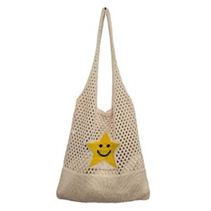 women y2k hobo bag trendy star pattern knitted shoulder bags hollow out tote bag aesthetic casual beach bag (apricot)