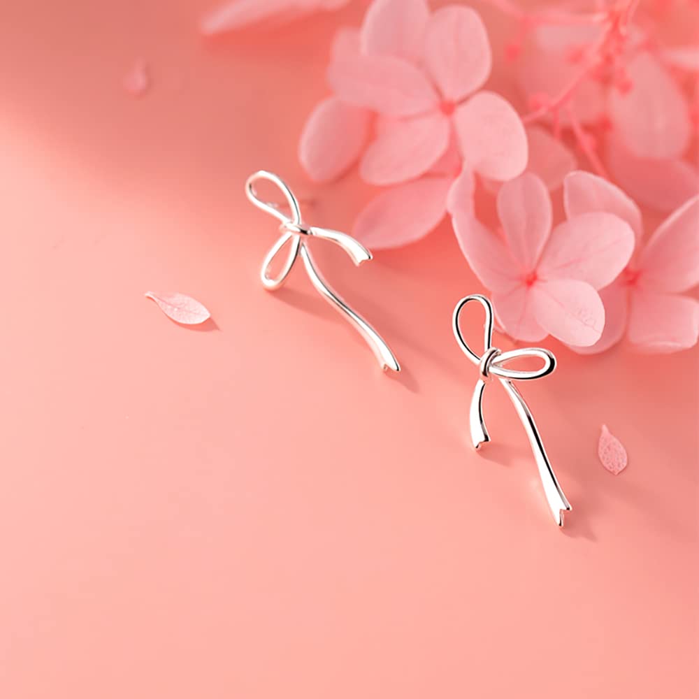 Reffeer Solid 925 Sterling Silver Bow Stud Earrings for Women Teen Girls Bowknot Stud Earrings Drops (A-Silver)