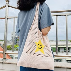 Women Y2K Hobo Bag Trendy Star Pattern Knitted Shoulder Bags Hollow Out Tote Bag Aesthetic Casual Beach Bag (Apricot)