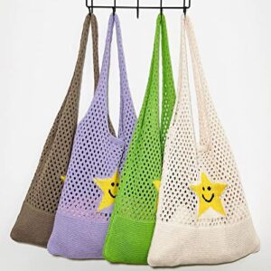 Women Y2K Hobo Bag Trendy Star Pattern Knitted Shoulder Bags Hollow Out Tote Bag Aesthetic Casual Beach Bag (Apricot)