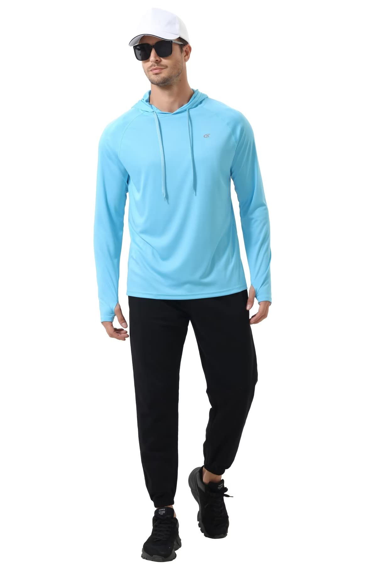 Yundobop Men's UPF 50+ Rash Guard Swim Shirt Long Sleeve Athletic Hoodies Lightweight Fishing Running Thumbholes Shirt Sky Blue L