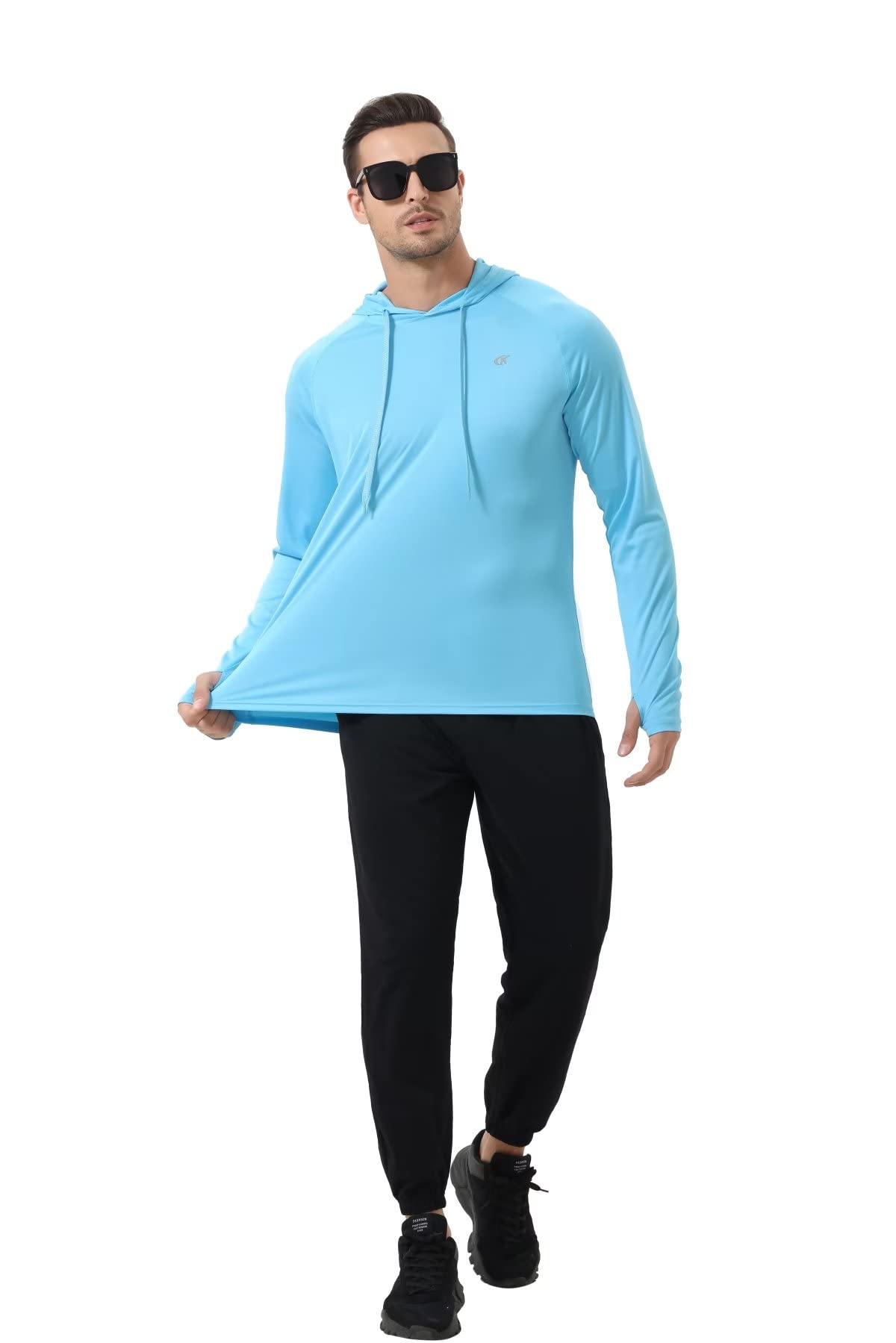 Yundobop Men's UPF 50+ Rash Guard Swim Shirt Long Sleeve Athletic Hoodies Lightweight Fishing Running Thumbholes Shirt Sky Blue L