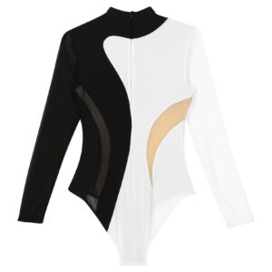 Yeahdor Women Ballet Dance Leotard Turtleneck Long Sleeve Gymnastics Leotards Rhinestone Bodysuit Tops Black&White Small