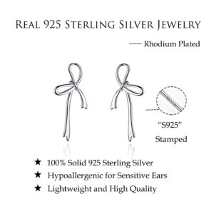 Reffeer Solid 925 Sterling Silver Bow Stud Earrings for Women Teen Girls Bowknot Stud Earrings Drops (A-Silver)