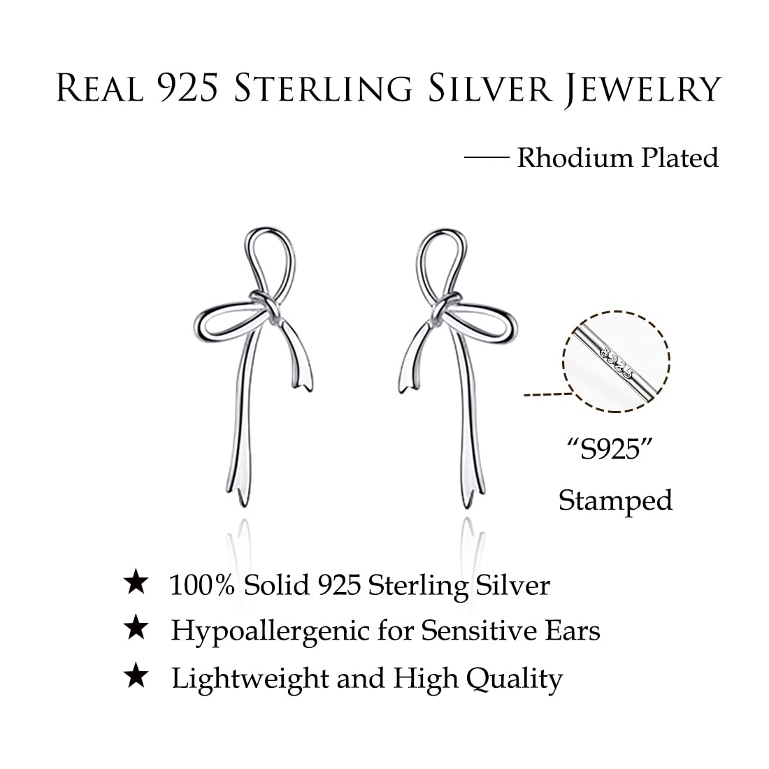 Reffeer Solid 925 Sterling Silver Bow Stud Earrings for Women Teen Girls Bowknot Stud Earrings Drops (A-Silver)