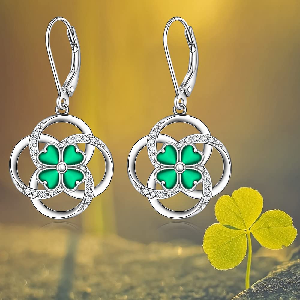 Shamrock Earrings for Women St Patricks Day Four Leaf Clover Earrings Dangle Sterling Silver 925 Celtic Knot Irish Shamrock Green Lucky Jewelry Gifts