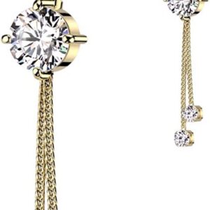 316L Surgical Steel Double Jeweled CZ With 2 Rope Chain Dangle Belly Button Ring (Gold)