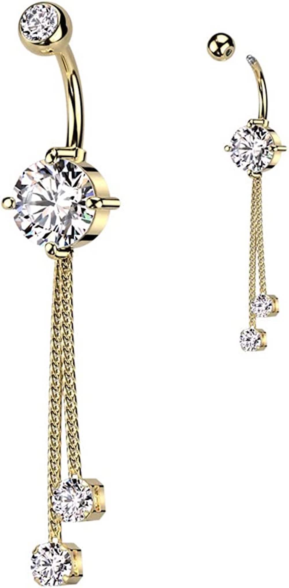 316L Surgical Steel Double Jeweled CZ With 2 Rope Chain Dangle Belly Button Ring (Gold)