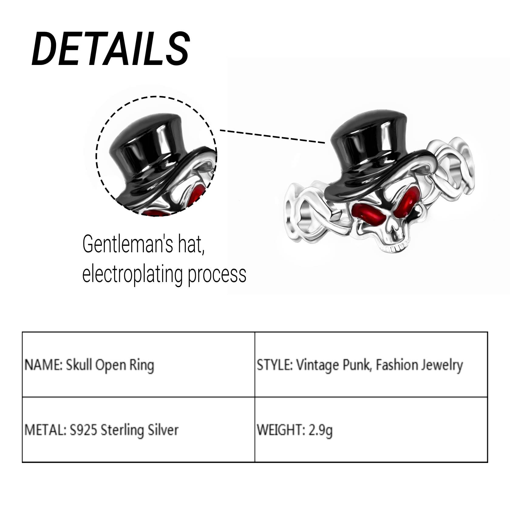 MILAKOO Skeleton Open Ring Black Hat Gentelman Skull 925 Sterling Silver Halloween Gifts for Women