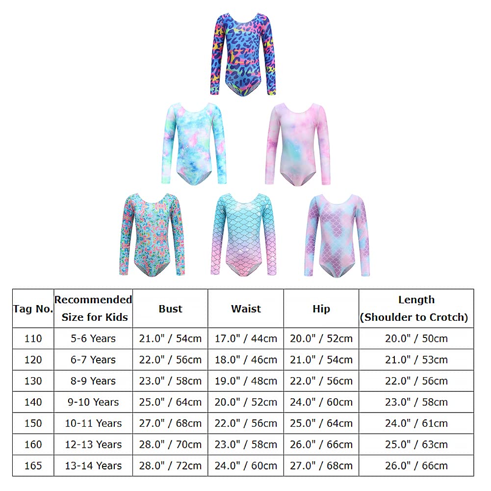 Gymnastics Leotards for Girls Long Sleeve Dance Leotards Shiny Sparkle Rainbow Mermaid Leopard Star Sky Print Leotard Unitards Athletic Dancewear Kids Toddler Ballerina Costume Blue Sky 8-9 Years