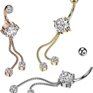 316L Surgical Steel Double Jeweled CZ With 2 Rope Chain Dangle Belly Button Ring (Gold)