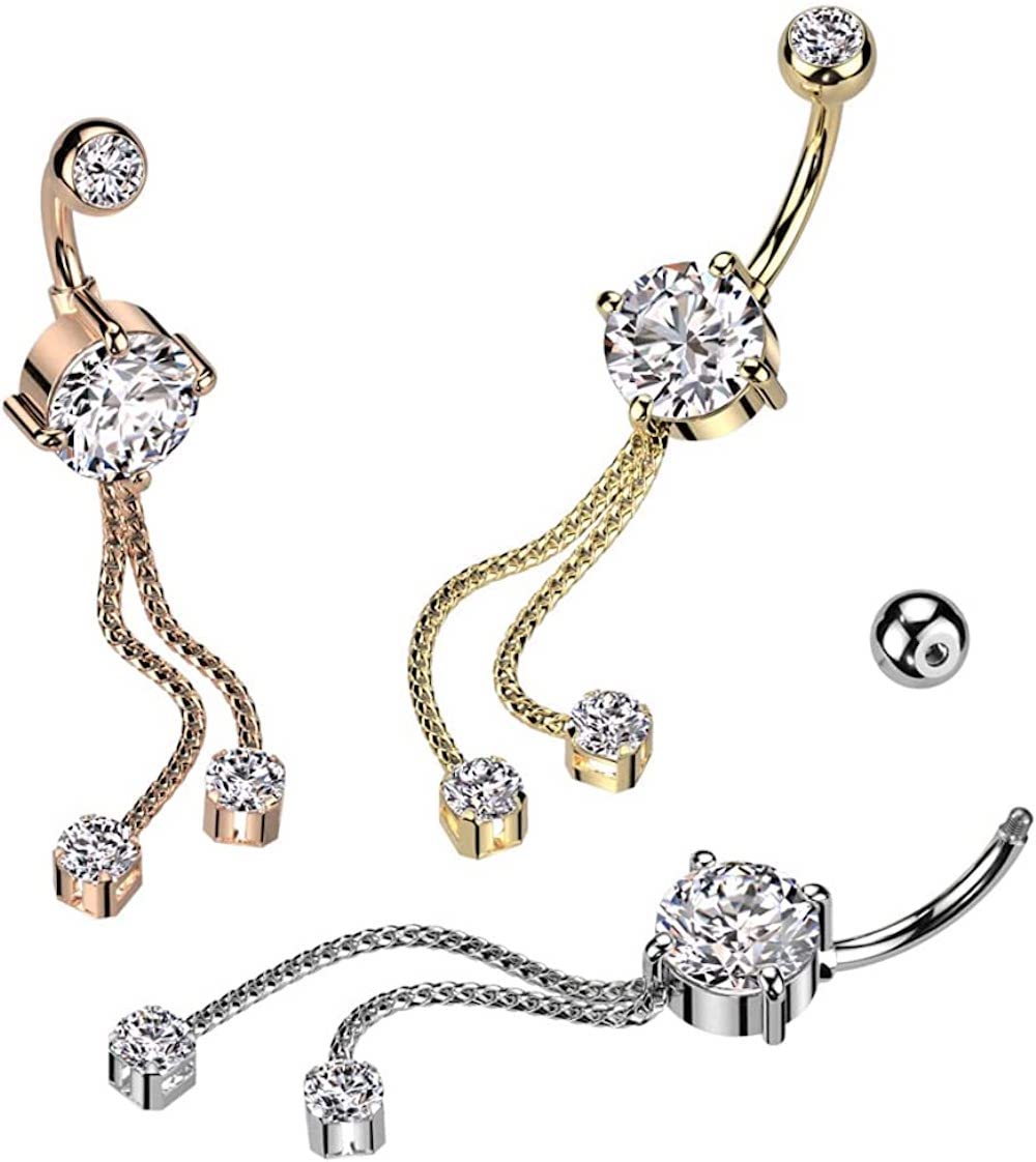 316L Surgical Steel Double Jeweled CZ With 2 Rope Chain Dangle Belly Button Ring (Gold)