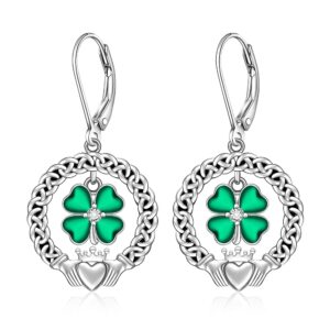 St Patricks Day Shamrock Earrings for Women Sterling Silver Four Leaf Clover Earrings Celtic Claddagh Irish Shamrock Dangle Green Lucky Jewelry Valentine Gifts