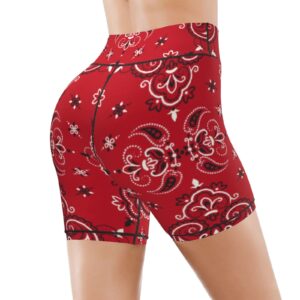 Red Bandanna Paisley Women's High Waist Bike Shorts for Workout Sports Athletic Running Hiking Biker Yoga Gym XL Size