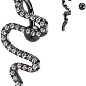 316L Surgical Steel Top Drop CZ Pave Snake Belly Button Ring (Black)