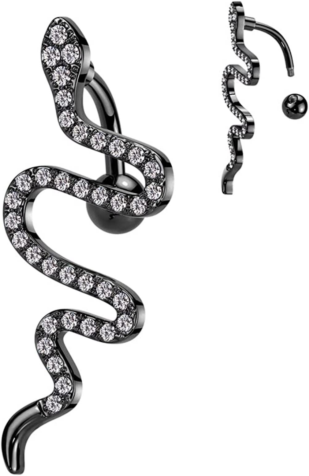 316L Surgical Steel Top Drop CZ Pave Snake Belly Button Ring (Black)