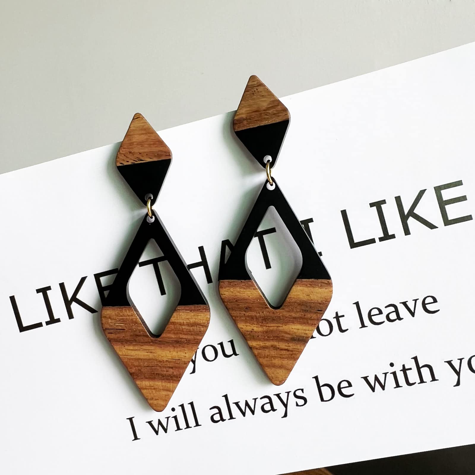 Fiklon Wooden Earrings for Women Dangle African Wood Earrings for Black Women Simple Lightweight Resin Drop Geometric Statement Jewelry (G-Double Rhomboid-Black)