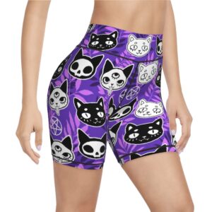 Purple Ghost Cat Witchy Women's High Waist Bike Shorts for Workout Sports Athletic Running Hiking Biker Yoga Gym Large Size