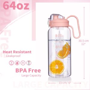 64 oz Motivational Glass Water Bottle with Straw & Time Marker Half Gallon Large Reusable Water Jug BPA-free Borosilicate Drinking Bottle with Flip Top & Sleeve for Infused Water Wide Mouth