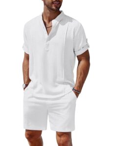 coofandy 2 pieces linen outfits for men white short sleeve henley shirt and shorts summer beach yoga matching sets