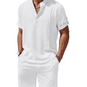 COOFANDY 2 Pieces Linen Outfits For Men White Short Sleeve Henley Shirt and Shorts Summer Beach Yoga Matching Sets