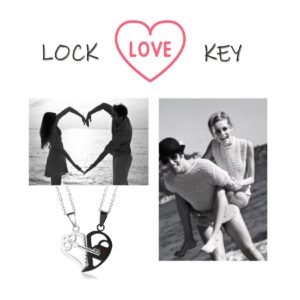 Stainless Steel His and Her Heart Lock Key Matching Puzzle Couples Pendant Necklace for Lovers Valentine's Day Engagement Gift, Metal, Cubic Zirconia